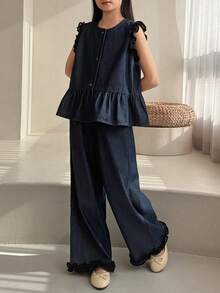 DAZY Tween Girl Summer Patchwork Ruffle Hem Casual Denim Tank Top And Jeans Set - Blue - View 5
