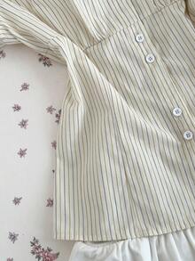 Elamini Women's Casual Commuter Versatile Waist Cinched Striped Shirt - Yellow - View 6