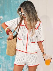 Vivid Eden 女士度假休闲撞色滚边镂空针织上衣和短裤两件套 - 白色 - 查看 4