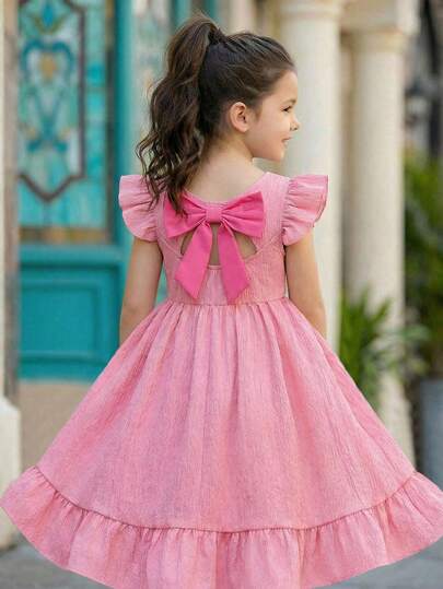 Young Girl' Pink Bow Decor Cap Sleeve Dress
