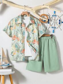 SHEIN Vacaura 2pcs/Set Teenage Boys Casual Summer Vacation Holiday Palm Tree&Island Style Short Sleeve Shirt And Shorts Set,Loose Fit Comfortable Fashionable Outfit - Multicolor - View 5