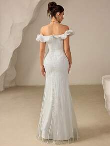 Poshira Elegant Embroidered Organza Mermaid Hem Design Wedding Dress, Suitable For Birthday Party, Graduation Ceremony - White - View 2