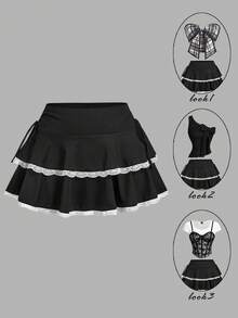 SHEIN MOD Black Drawstring Ruched Waist Tiered Cake Skirt With White Lace Trim , Date, Party, Women's Summer And Spring Wear, Spring Break, Vacation, Picnic, Festival, Birthday - Black - View 1