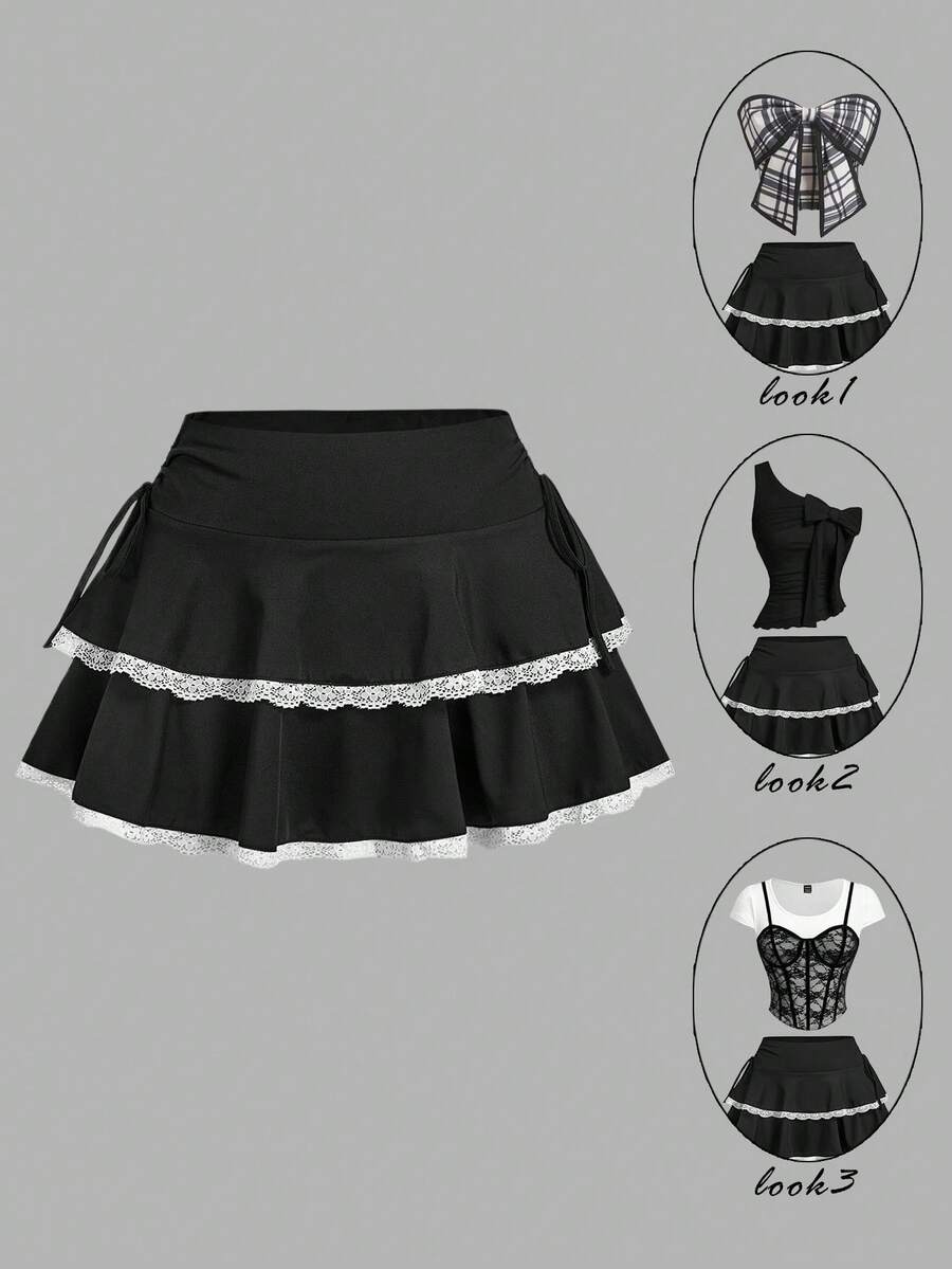 SHEIN MOD Black Drawstring Ruched Waist Tiered Cake Skirt With White Lace Trim , Date, Party, Women's Summer And Spring Wear, Spring Break, Vacation, Picnic, Festival, Birthday - Black - View 1