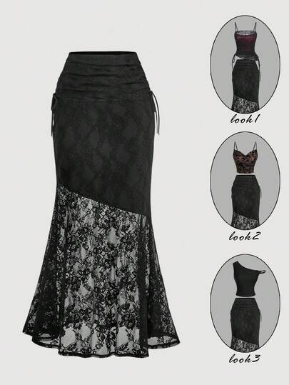 SHEIN MOD Vintage Glamorous High-Waisted Black Lace Sheer Long Mermaid Hem Skirt With Side Drawstring And Waist Ruching – Date, Party, Women's Summer And Spring Wear, Spring Break, Vacation, Picnic, Festival, Birthday