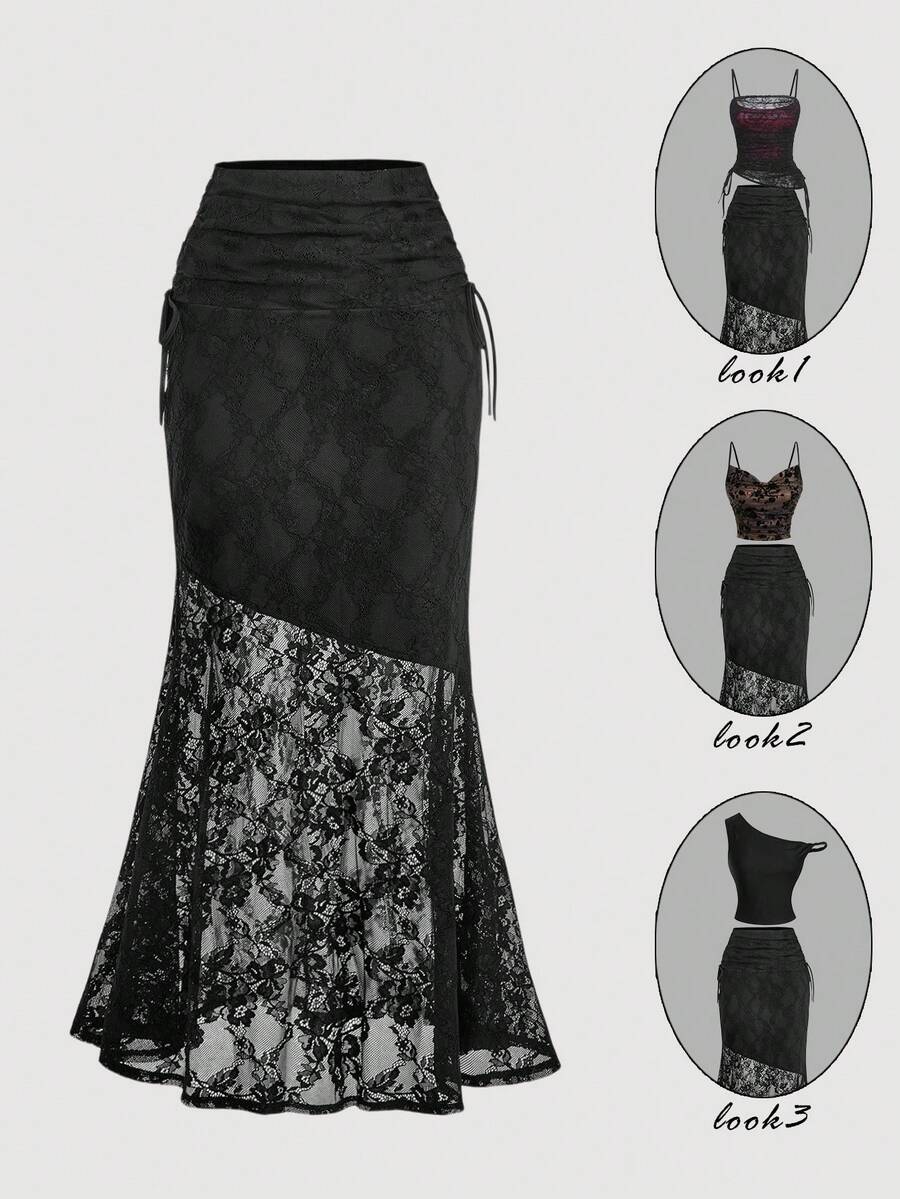 SHEIN MOD Chân váy dài dáng đuôi cá cạp cao màu đen ren xuyên thấu quyến rũ cổ điển với dây rút bên hông và nhún eo – Thích hợp cho hẹn hò, tiệc tùng, trang phục mùa hè và mùa xuân cho nữ, kỳ nghỉ xuân, du lịch, dã ngoại, lễ hội, sinh nhật. - màu đen - Xem 1