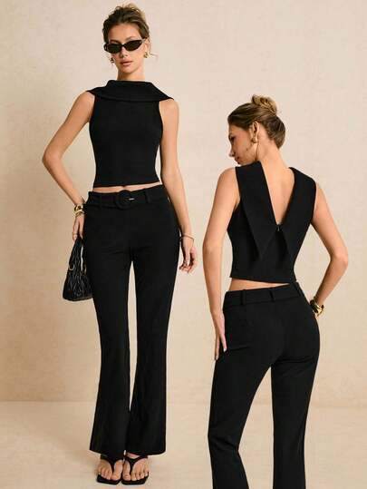 Poéselle Women's Black 2PS Sleeveless Backness Top & Belted Flare Pants Set – Sleek Black Two-Piece Outfit For Office-To-Cocktail Style Black Two Piece Set Cowl Neck Top Belted Pants Outfit Minimal Chic Style Quiet Luxury Fashion Office To Evening Wear Sleek Monochrome Look Solid Color Sleeveless Top And Flare Pants Casual 2 Pieces Set Casual Sets For Women Holiday Outfits Vacation Outfits Elegant Set Graduation Outfit Summer Outfit Two Piece Pant Set Tall Two Piece Set 2 Piece Casual Sets Woman Black Tw