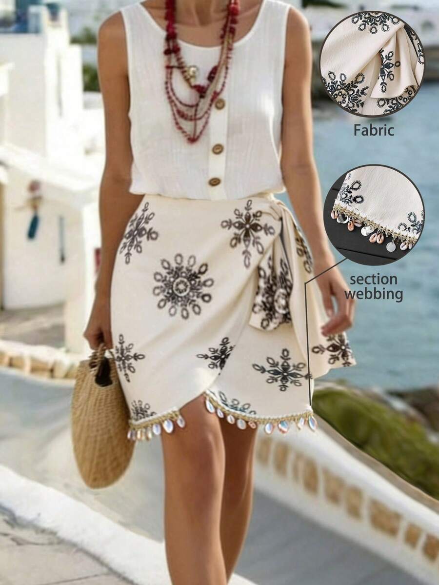 Breezaya Jupe mini asymétrique imprimée avec coquillages, pompons et patchwork, style décontracté pour plage et vacances d'été, pour femmes - Nude - Voir 1