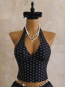 Swim Mod Women's 2-Piece Swimsuit Set For Summer, Black & White Polka Dot Print With Ruffle Trim, Cropped Top And Tie-Waist Bottoms - Black - View 6