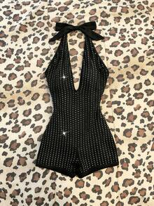 Elamini Sexy Glitter Deep V-Neck Tie-Up Bodycon Backless Romper, Spring - Black - View 1