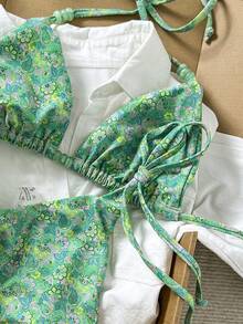 Swim Mod Conjunto de bikini con collar de cuentas con estampado aleatorio para mujer, primavera/verano - Multicolor - Ver 5
