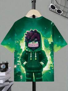 Tween Boy Spring And Summer Casual Stylish Creative Personalized Refreshing Minimalist Green Hoodie With Square Graphic Print, Comfortable Basic Short T-Shirt, Suitable For Boys Everyday Wear In Spring, Summer And Autumn - Multicolor - View 2