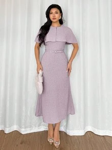 Feyla 女士优雅通勤中长连衣裙，夏季 - 紫色 - 查看 6