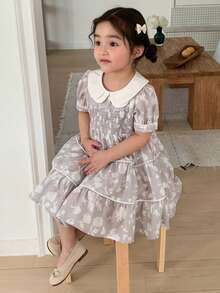 Dazy Kids Đầm dự tiệc sinh nhật kiểu Hàn Quốc cổ bẻ cho bé gái - Xám - Xem 4