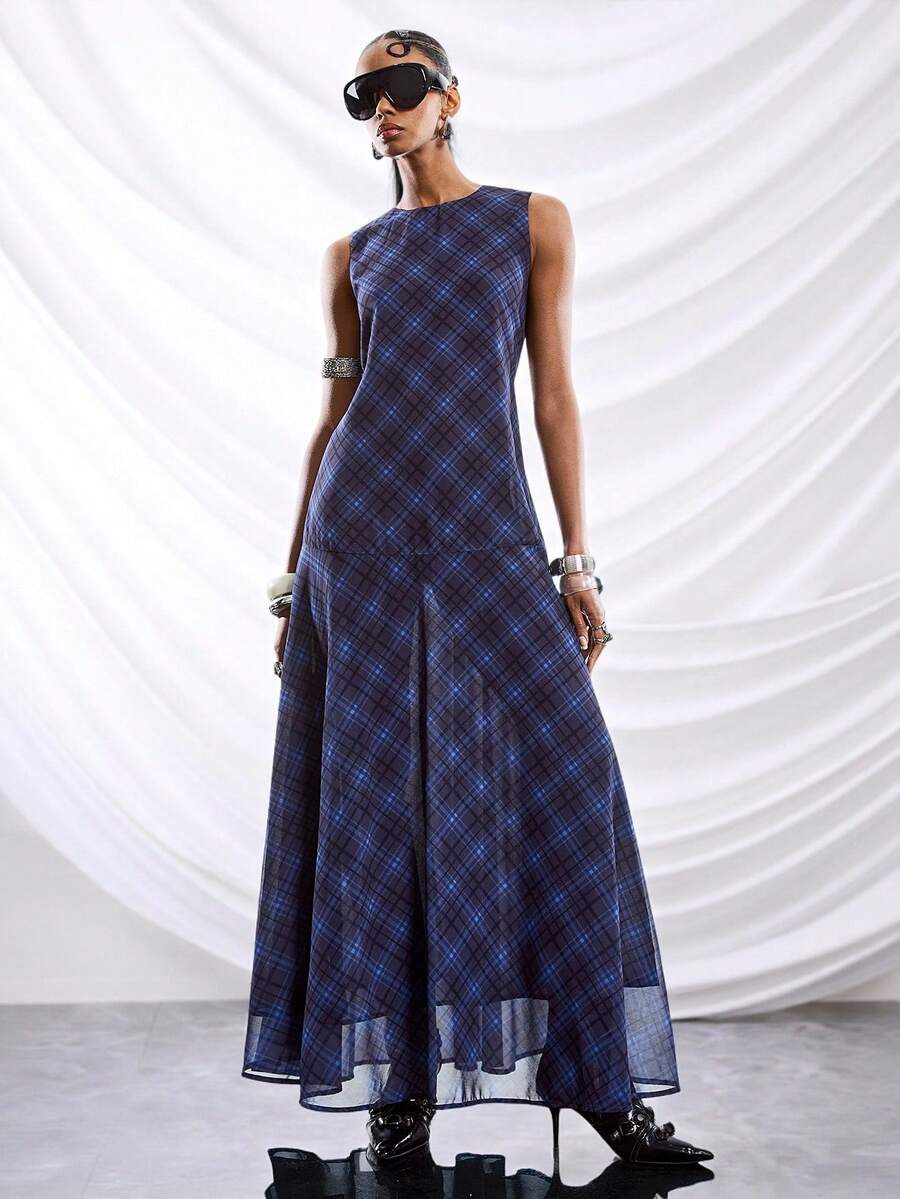 LYSMO 2026 New Arrive Minimalism Spring/Summer Women's Round Neck Plaid Pleated Elegant Waist Cinched Long Dress, Suitable For Dates And Outings,Plain/Casual - Multicolor - View 1