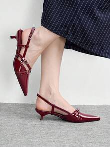 CUCCOO BIZCHIC 女士尖头漆皮酒红色交叉绑带舒适高跟鞋，适合工作和日常穿着。 - 酒紅色 - 查看 3