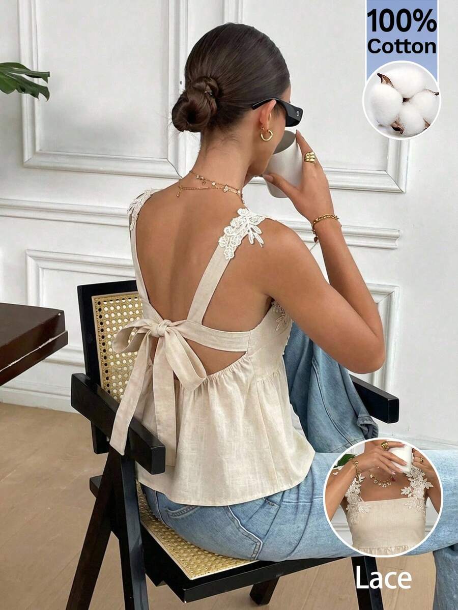 Serisse 100%纯棉夏季新款蕾丝贴花吊带背心，女士夏季细肩带100%纯棉刺绣花卉蕾丝拼接上衣，舒适亲肤面料，适合外出/度假，夏季沙滩度假必备单品 - 杏色 - 查看 1