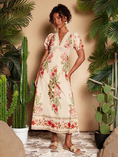 Travachic 2026 New Arrival Women's Elegant V-Neck Lace Trim Graphic Printed Vacation Dress