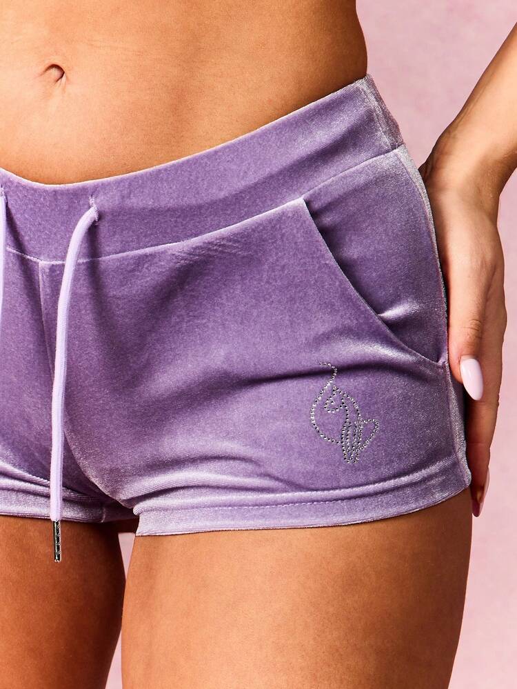 BABYPHAT Women's Luxe Velour Rhinestone Embellished Drawstring Shorts With Sparkle Script Detail For Loungewear And Casual Comfort