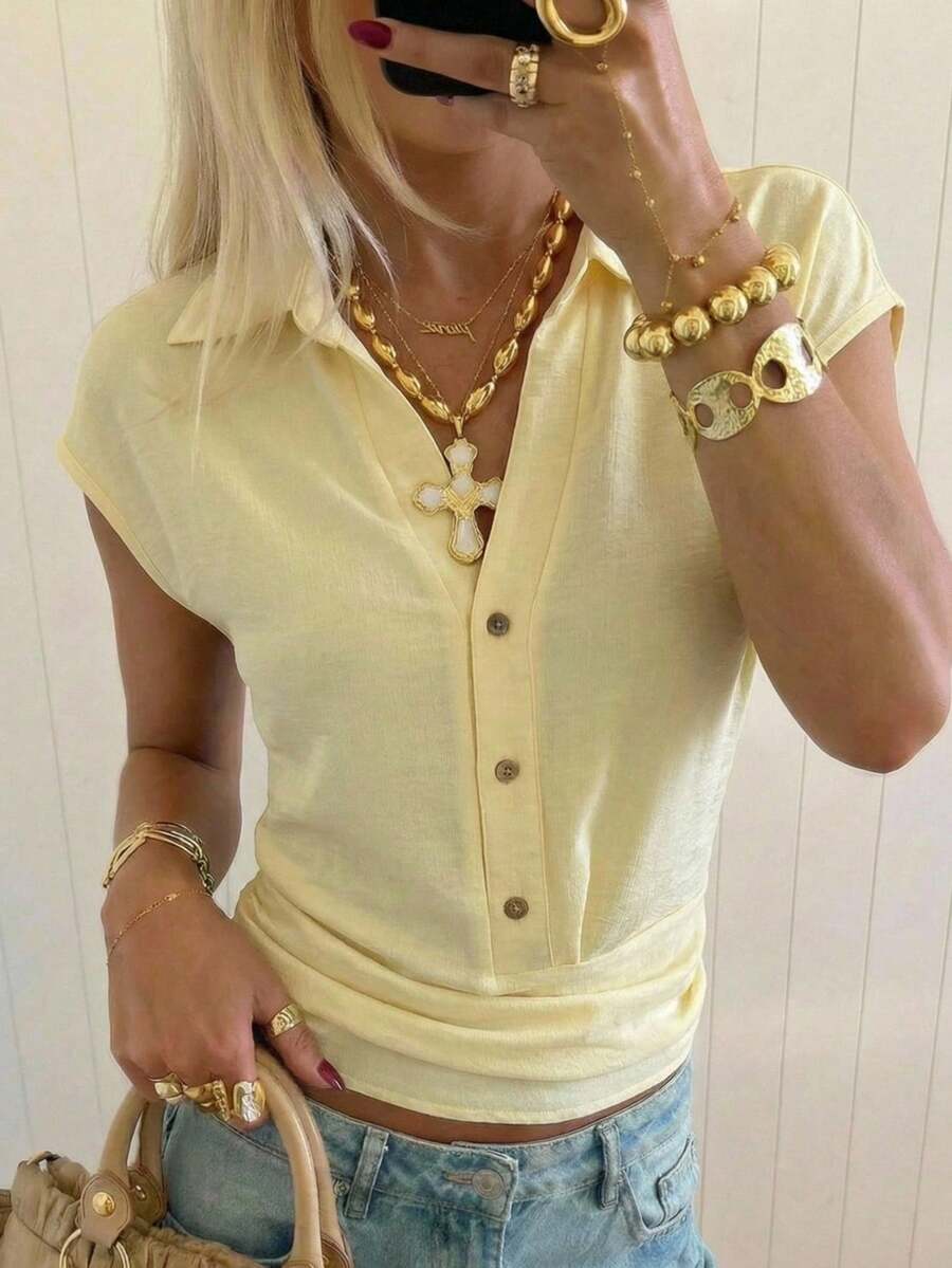 SHEIN EZwear 女士黄色梭织单排扣褶裥休闲衬衫 - 淡黃色 - 查看 1