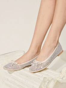 CUCCOO CHICEST 女士鞋履 春夏时尚 米色全水钻网纱小蝴蝶结女士平底鞋 优雅舒适透气可爱甜美平底女鞋 优雅鞋 - 米白2 - 查看 10