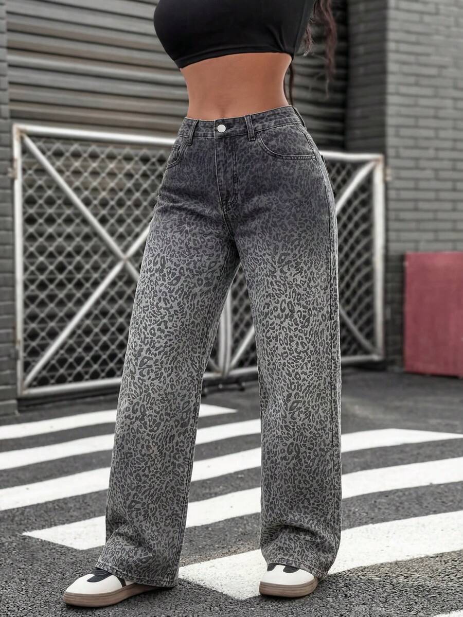 SHEIN ICON 女士休闲水洗渐变豹纹牛仔裤 - 彩色 - 查看 1