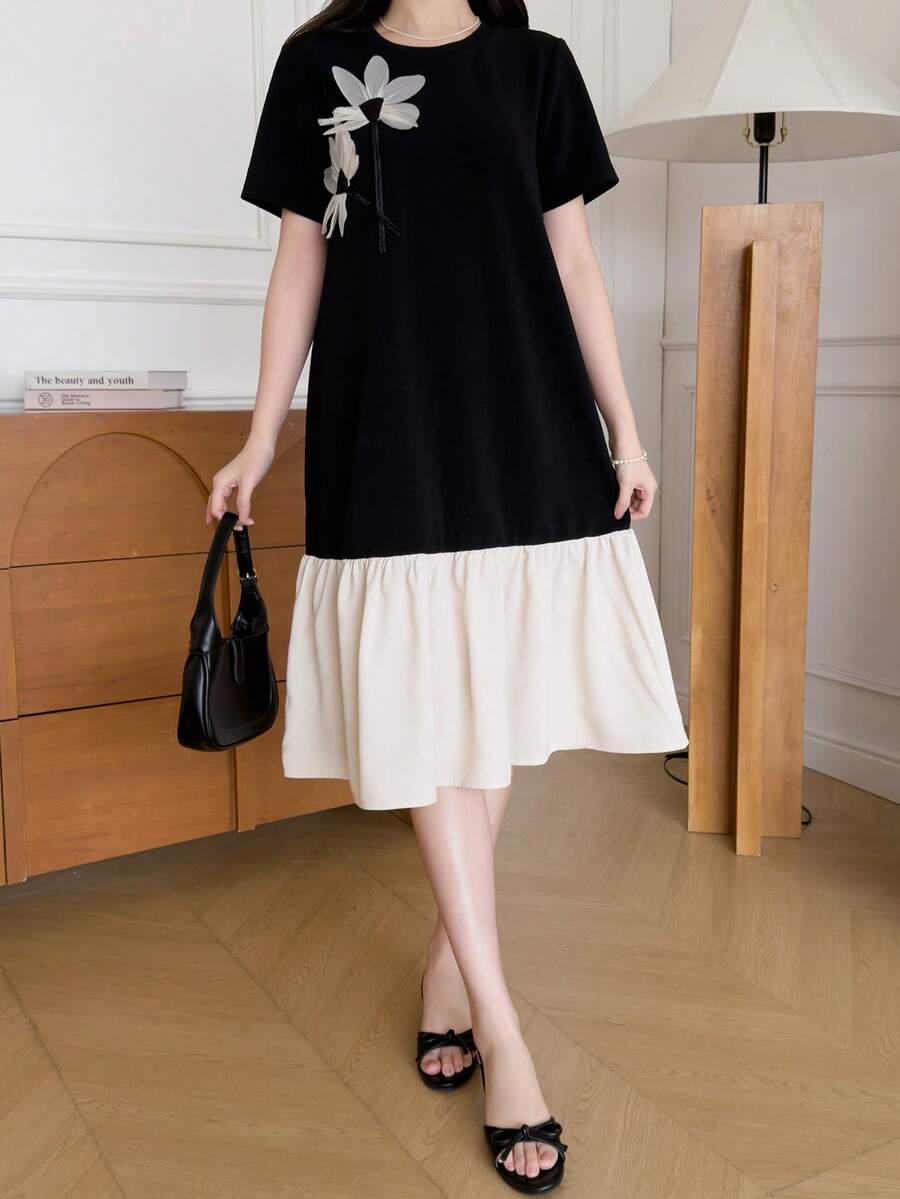 Teenage Girls' Casual Korean Style Elegant Short Sleeve Round Neck Colorblock Floral Patchwork Loose Maxi Knit Dress, Spring/Summer - Black - View 1