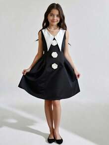SHEIN Tween Girl Floral Decor Contrast Collar Sleeveless Black And White Dress,Summer Cute Modest Elegant Evening Party Formal Kids Mother Daughter Outfit - Black - View 10