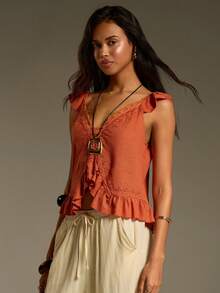 Athîral Women's Casual V-Neck Ruffle Patchwork Orange Blouse - Orange - View 6