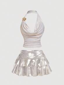 SHEIN MOD Gorgeous Court-Style Apricot Draped Neck Ruched Vest With Metallic Flower And Faux Pearl Button Decoration – Dreamy Romantic, Date, Party, Women's Summer And Spring Wear, Spring Break, Vacation, Picnic, Festival, Birthday - Apricot - View 6