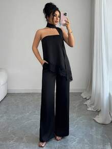 Rafferiza 女士优雅约会装，黑色系带无肩带撞色蕾丝上衣和阔腿裤两件套，春夏款 - 黑色 - 查看 6