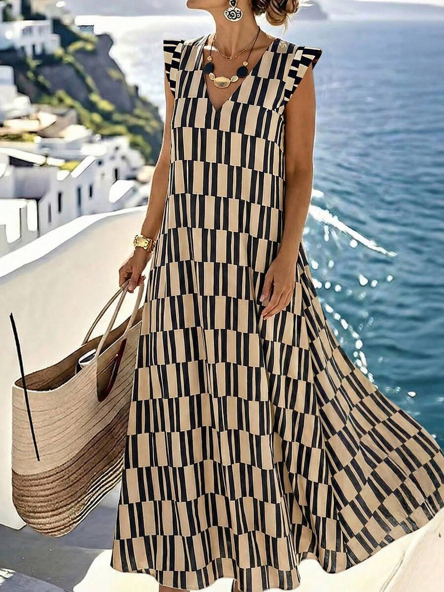 Linhara CURVE 卡其色印花V领长款A字连衣裙。适合日常工作、休闲度假、外出逛街和参加派对。有大码可选，是一款春夏连衣裙。 - 彩色 - 查看 1