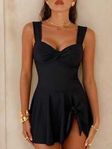 Swim Lushoire 女士泳装连衣裙，宽肩带，优雅前扭设计，不对称裙摆，适合海滩度假、假日泳池派对、日常约会穿着 - 黑色 - 查看 1