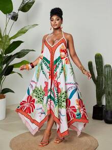 Maweii Vestido largo bohemio de mujer talla grande con estampado floral tropical colorido y escote en V - Multicolor - Ver 5