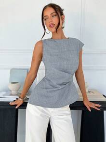 Siren Gaze Women's Grey Elegant Office Summer Blouse,Boat Neck Twist Front Sleeveless Tank Top,Ruched Waist Asymmetric Hem Shirt,Button Closure Back Work Wear - Grey - View 6