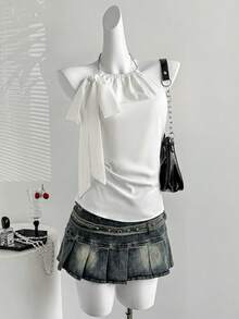 SHEIN Unity Women Elegant White Summer Party Night Bow Tie Collar Metal Chain Halter Backless Blouse Commuting Versatile Sleeveless Top - White - View 3
