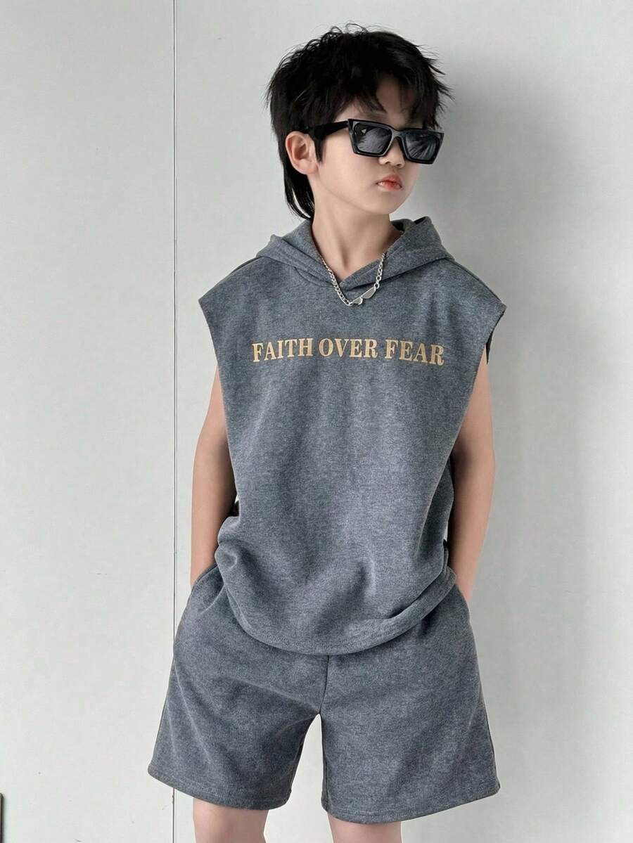 2pcs/Set Tween Boys Casual Korean Style Letter Print Hooded Short Sleeve Sweatshirt And Solid Color Shorts Set,Kids