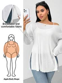 Shapeblank Plus-Size Women's Spring/Summer Fashion Casual Loose Comfortable Everyday Versatile Slimming See-Through Sun Protection White Long-Sleeved Cover-Up,Spring,White Tops,Vacation - White - View 7