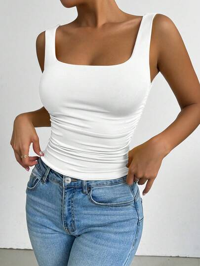 Elenzga Plus-Size Women's Square Neck Sleeveless Tank Top, Spring/Summer, Vacation, Basic White Tank Top For Going Out.