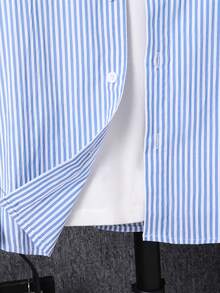 SHEIN Tween Boy 2pcs Outfit - Gentleman Striped Shirt And Pants Set, Kids Winter Coat, Tween Boy Long Sleeve Shirt, Christmas Sweatshirt And Pants, Tween Boy Winter Jacket, Long Sleeve Blouse - Blue - View 5