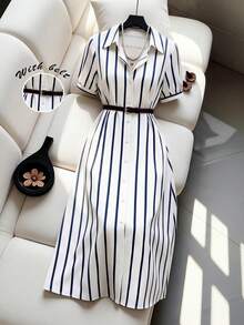 Franclia Women's Blue & White Striped Short Sleeve Midi Dress - Blue and White - View 1