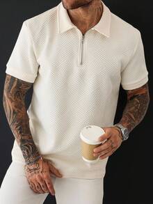 Manfinity Homme Men Quarter Zipper Collar Work Casual Golf Polo Shirt, Boyfriend Gift - Apricot - View 6