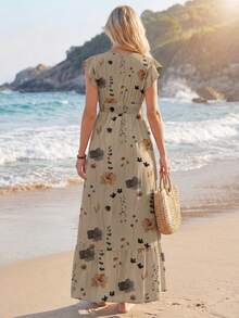 SHEIN LUNE 褶皱盖袖腰部褶皱下摆 A 字形连衣裙，复古豹纹休闲度假优雅女士长裙，适合春夏季，女士太阳裙，波西米亚风格服装，女士夏季连衣裙 - 彩色 - 查看 2