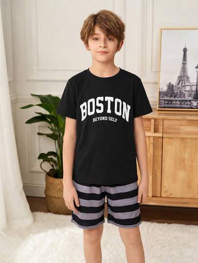 SHEIN Tween Boy Letter Print Casual Short Sleeve T-Shirt And Striped Loose Shorts 2-Piece Pajama Set, Summer