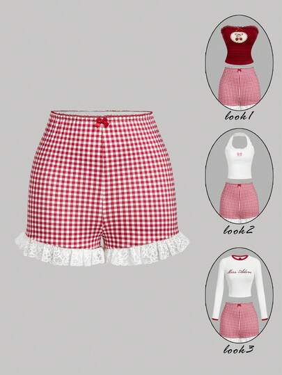 SHEIN MOD Red And White Checkered Print Bow And Lace Trim Shorts – Date, Party, Women's Summer And Spring Wear, Spring Break, Vacation, Picnic, Festival, Birthday