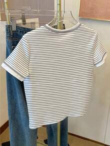 Resyla Camiseta de mujer casual de manga corta con cuello redondo y estampado de rayas - Multicolor - Ver 2