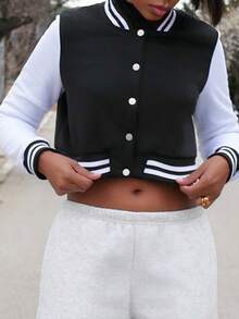 Yess Loren Chaqueta De Estilo Universitario Para Mujer Con Bloque De Color - Blanco y Negro - Ver 4