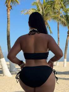 Swim Vcay 大码女式两件套纯色吊带背心上衣，蕾丝下摆，高腰蕾丝边三角比基尼泳裤，性感沙滩度假极简比基尼套装 - 黑色 - 查看 2