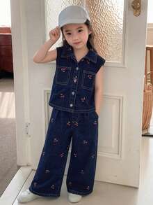 Dazy Kids Young Girls Sleeveless Dark Washed Denim Vest And Wide Leg Jeans Set Summer - Blue - View 5