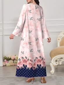 SHEIN Najma 玫瑰花卉波点印花V领长袖连衣裙，优雅阿拉伯风格服装，春夏款 - 彩色 - 查看 2